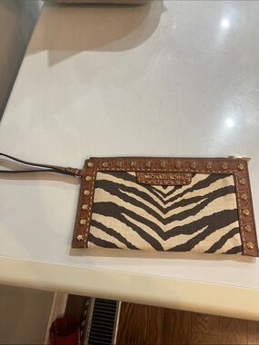 Michael Kors Zebra-Print Canvas Wristlet in Brown and Cream with Gold Accents